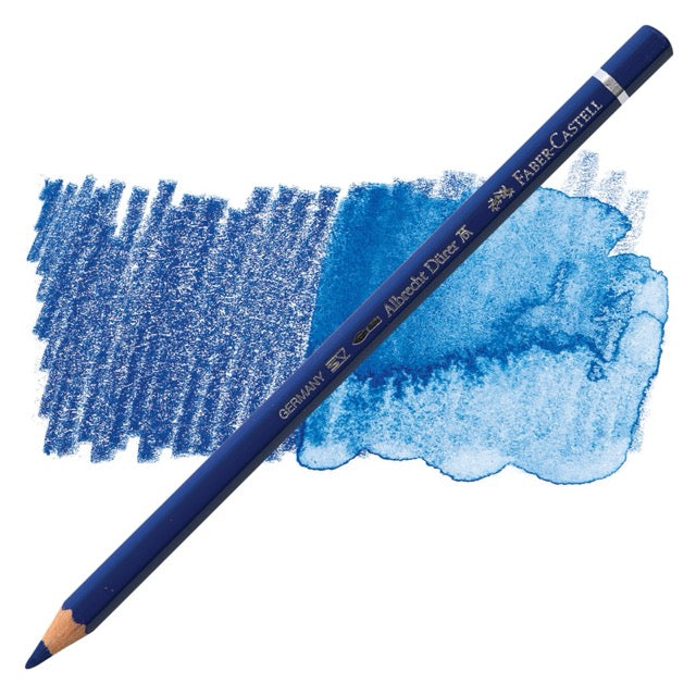 Blue colored pencil with a sample of blue color swatch on a white background