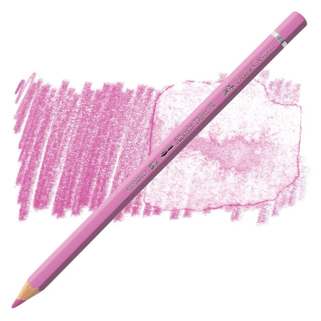 Pink colored pencil with pink color swatch on a white background