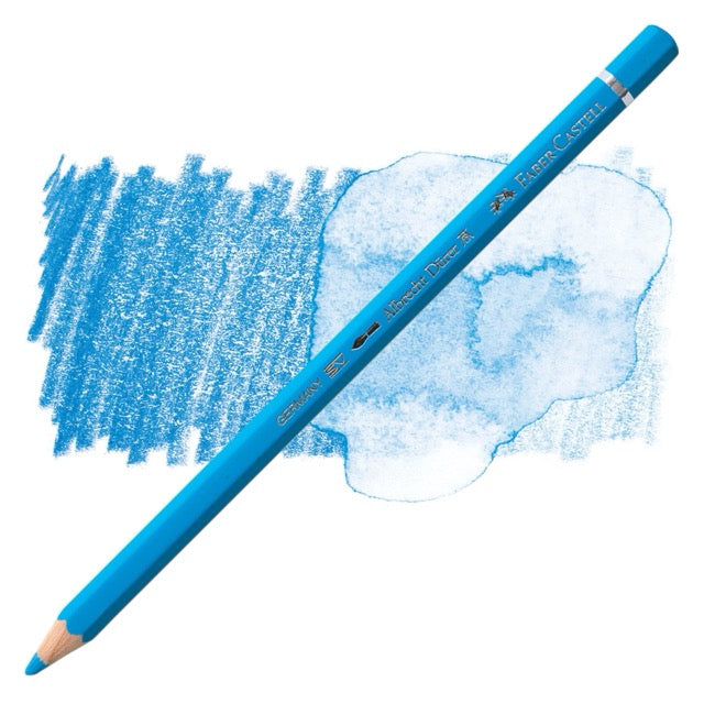 Blue colored pencil with a sample of blue color swatch on a white background