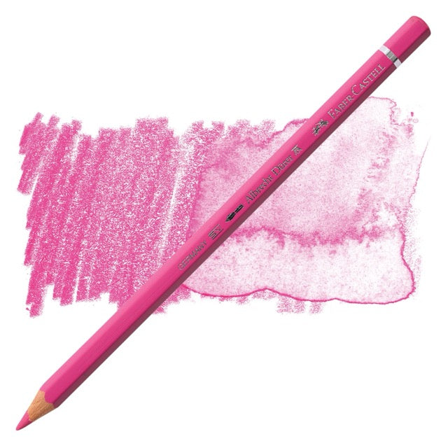Pink colored pencil with a sample of pink color swatch on a white background