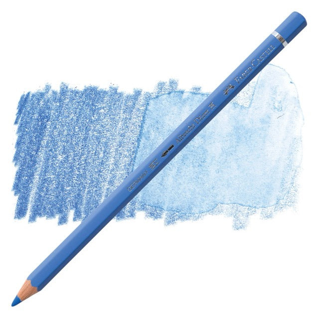 Blue colored pencil with a sample of blue color swatch on a white background