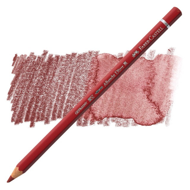 Red colored pencil with Eraser Castell branding on a white background with color swatches.