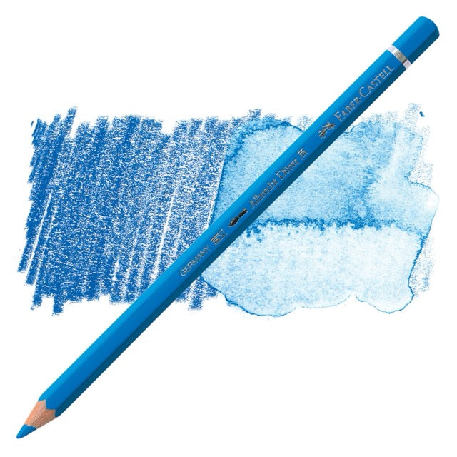 Blue colored pencil with a color swatch on a white background