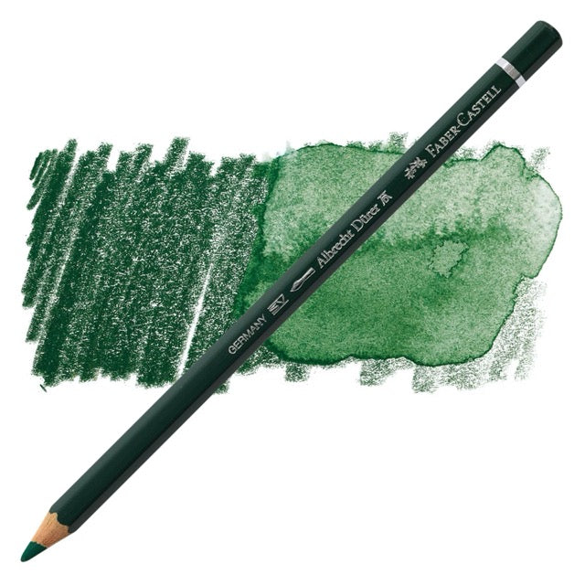 Faber-Castell watercolor pencil with green color swatch on a white background