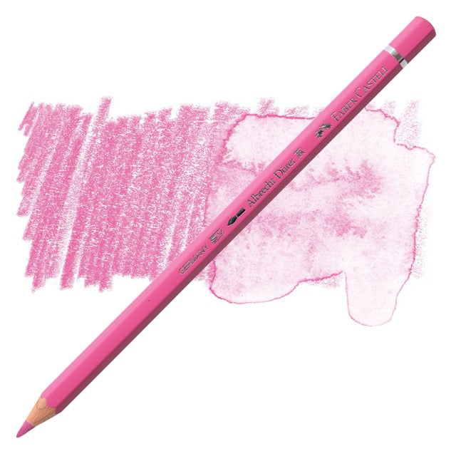 Pink colored pencil with a sample of pink color swatch on a white background