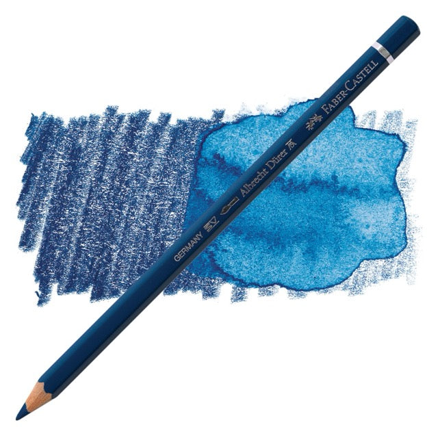 Blue colored pencil with a blue color swatch on a white background