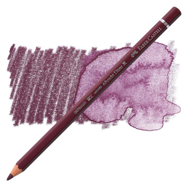 Faber-Castell colored pencil with a sample of purple color on a white background