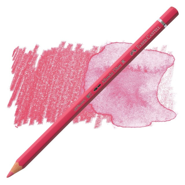 Pink colored pencil with a swatch of pink color on a white background