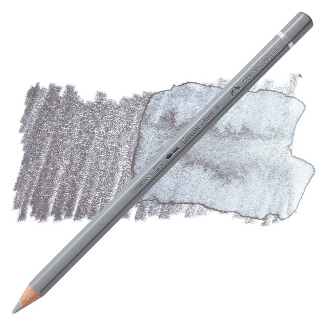 Gray colored pencil with sample drawing on a white background