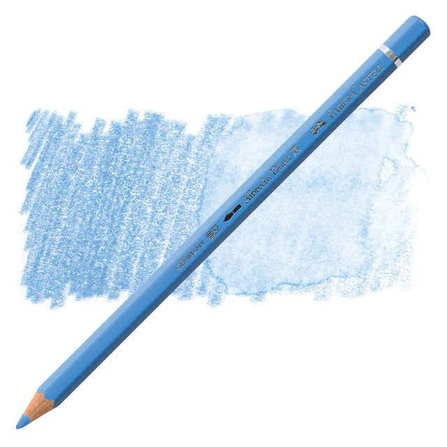 Blue colored pencil with a sample of blue color swatch on a white background