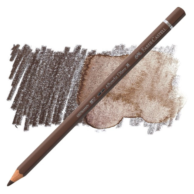 Brown colored pencil with color swatches on a white background