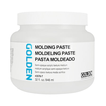 A container of Golden Molding Paste, which is a semi-opaque acrylic texture medium.