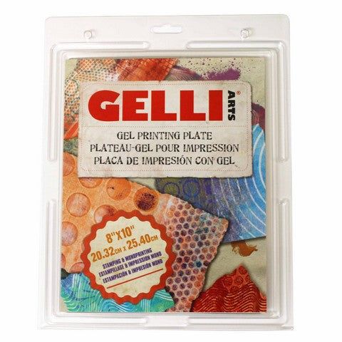 Gelli Arts gel printing plate with colorful designs on a white background