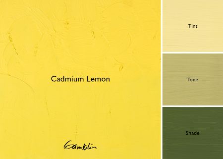 Color swatch of Cadmium Lemon with tint, tone, and shade variations on a yellow background.