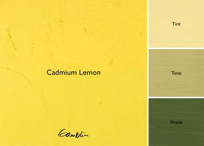 Color swatch of Cadmium Lemon with tint, tone, and shade variations on a yellow background.
