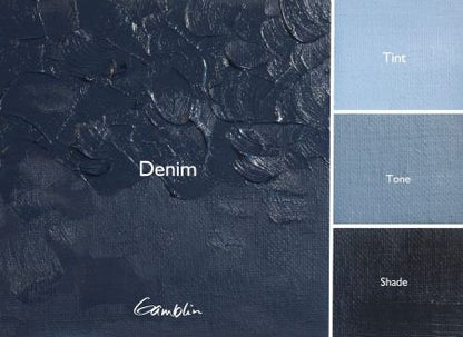 Denim fabric texture with color swatches labeled 'Tint', 'Tone', and 'Shade' on a blue background.