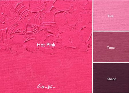 Hot pink color swatch with 'Gambin' branding and text labels for tint, tone, and shade.