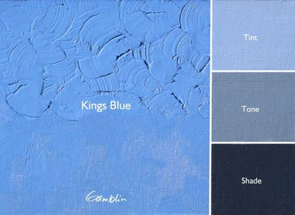 Blue textured paint swatch with 'Kings Blue' label and Gamblin logo.