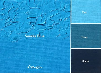 Color swatch of Sevres Blue with tint, tone, and shade variations on a blue background.