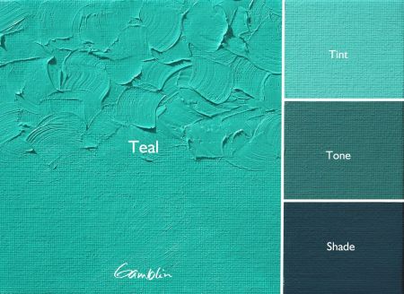 Teal color swatch with 'Tint', 'Tone', and 'Shade' variations on a textured teal background.