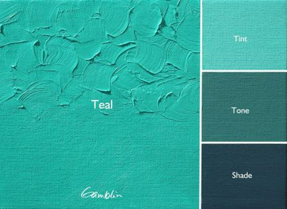 Teal color swatch with 'Tint', 'Tone', and 'Shade' variations on a textured teal background.
