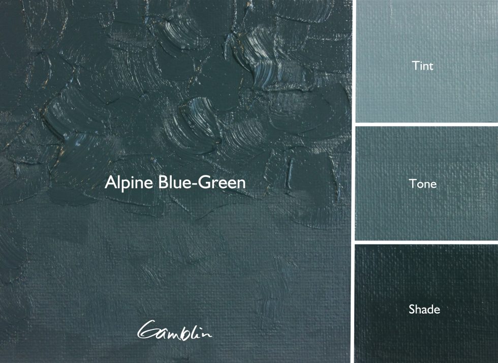 Textured blue-green color swatch with 'Alpine Blue-Green' label and Gamblin logo.
