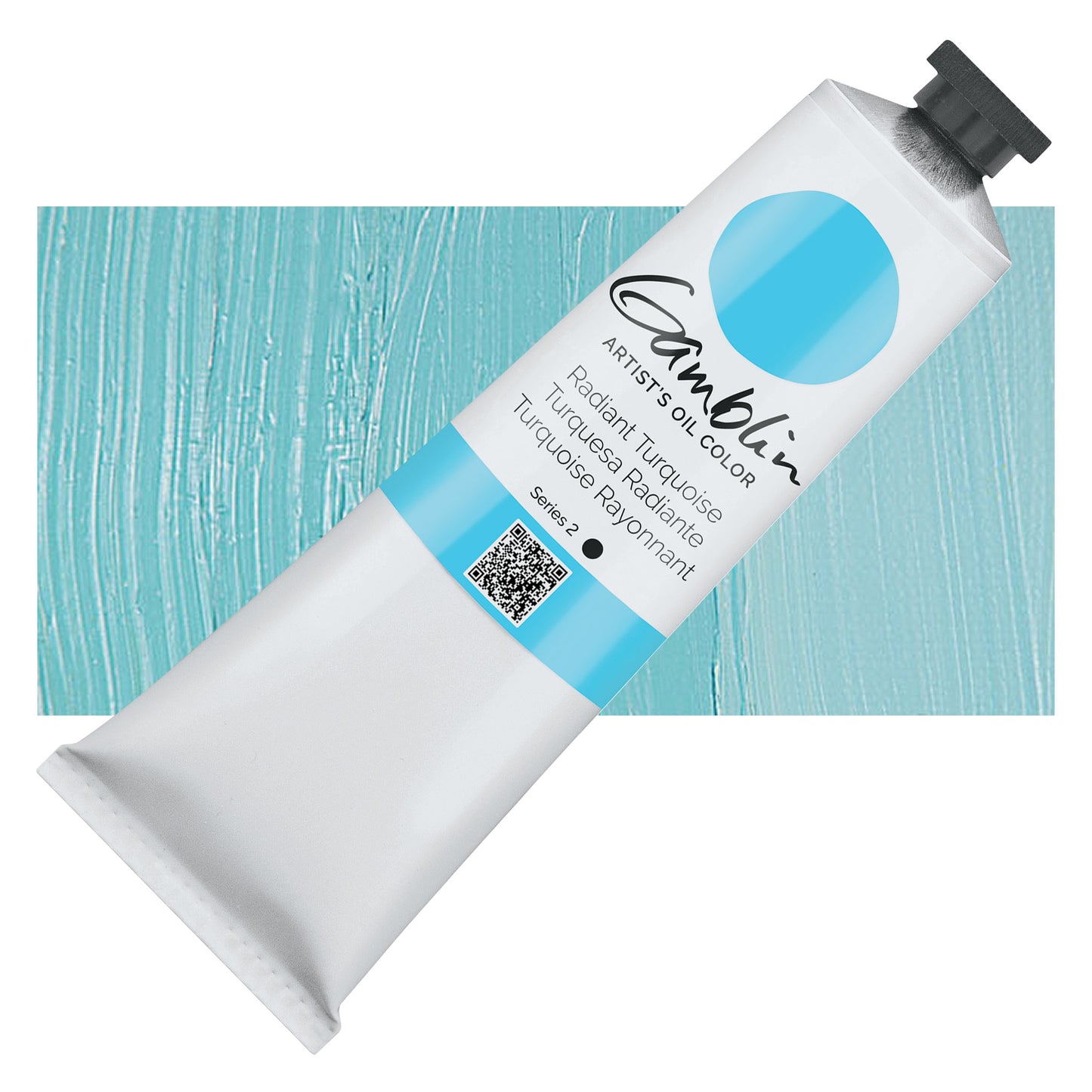 Tube of Cambrelle artists' oil color with a swatch of turquoise paint on a white background