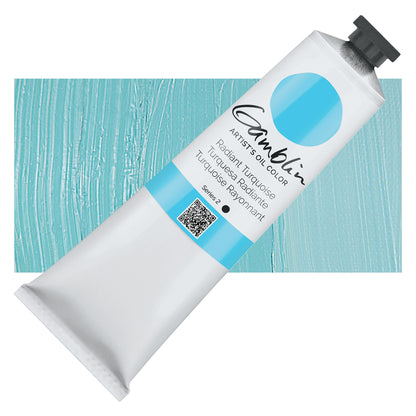 Tube of Cambrelle artists' oil color with a swatch of turquoise paint on a white background
