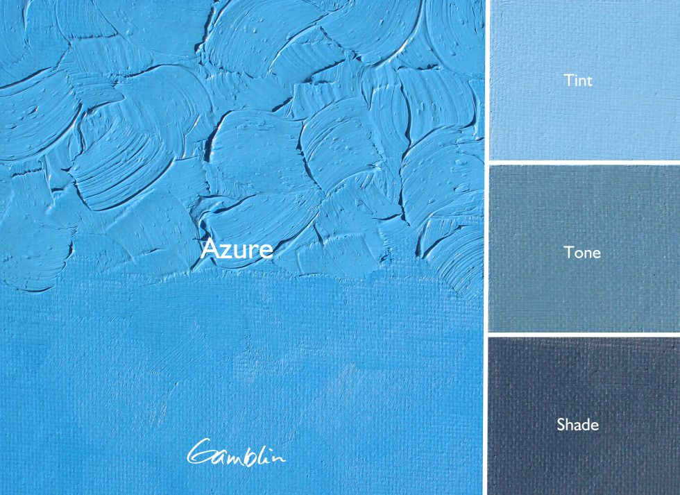 Textured blue surface with 'Azure' label and color swatches on the right, featuring the Gamblin brand.