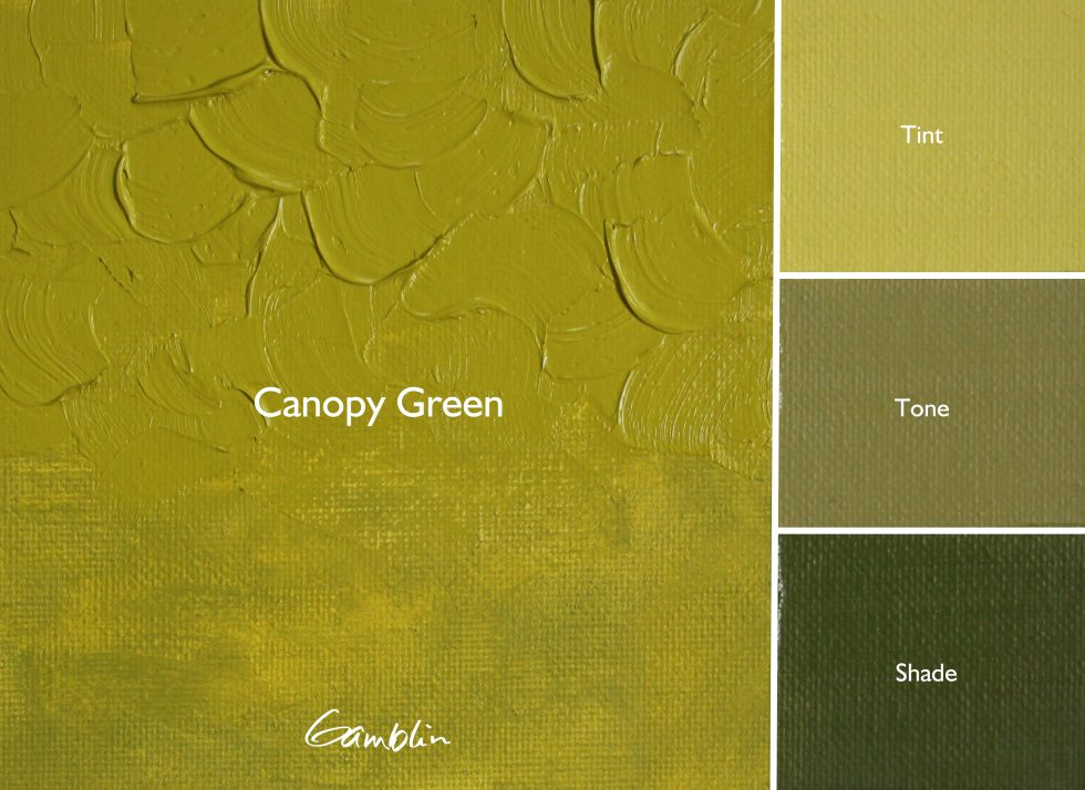 Canopy Green color swatch with texture and tone variations on a textured green background.