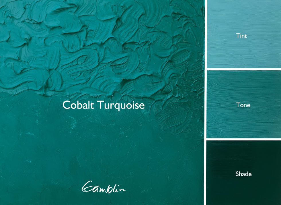 Cobalt turquoise color swatch with texture and Gamblin logo