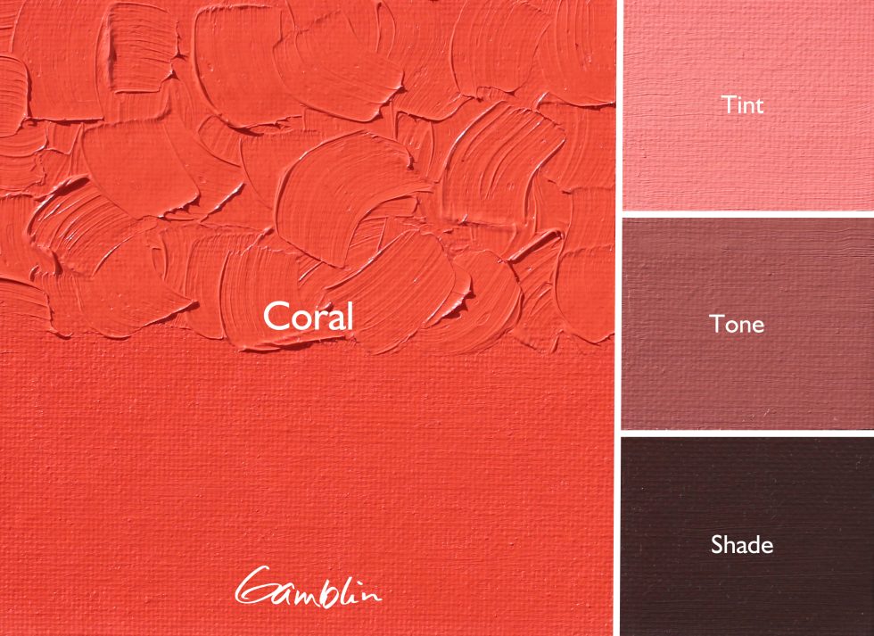 Coral color swatch with 'Tint', 'Tone', and 'Shade' variations on a red background, featuring the Gamblin logo.
