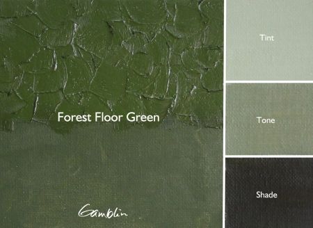 Forest Floor Green color swatch with Gamblin logo on a textured green background