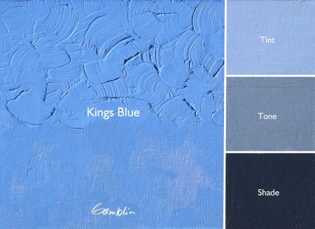 Blue textured paint swatch with 'Kings Blue' label and Gamblin logo.