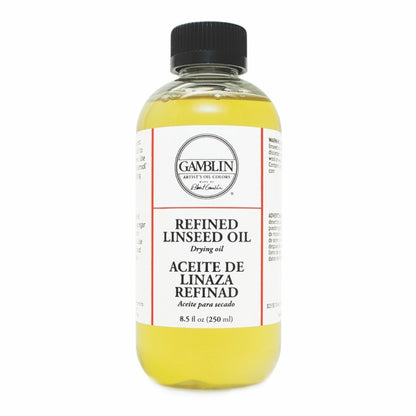A bottle of Gamblin Refined Linseed Oil, with a white label that includes the product name and volume information.