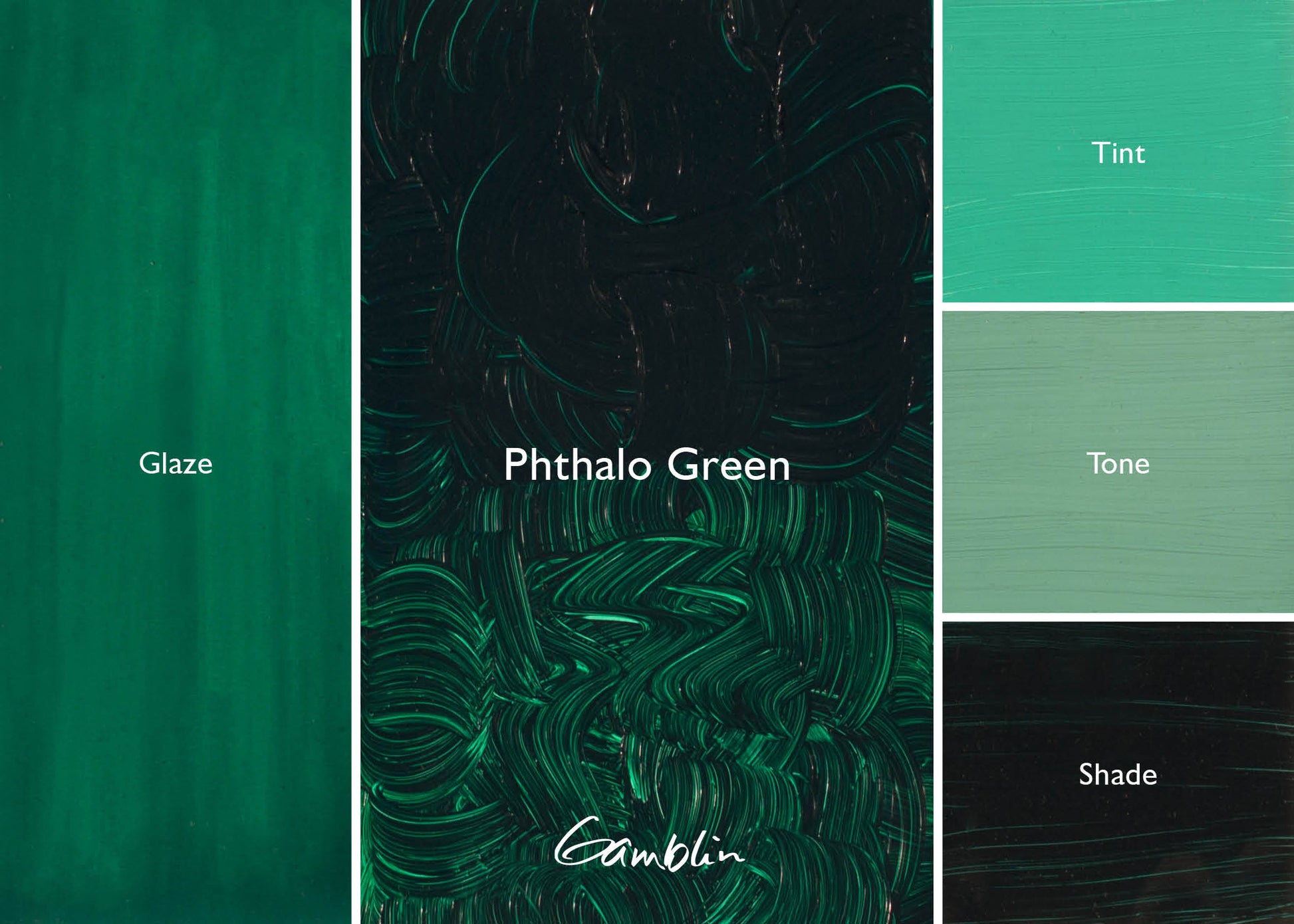 Color swatch of phtalo green with text and brand name on a dark background