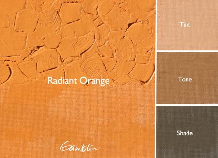 Radiant Orange color swatch with 'Tint', 'Tone', and 'Shade' variations on a textured orange background.