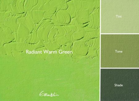Radiant Warm Green color swatch with texture and shade variations, featuring the Gamblin logo.