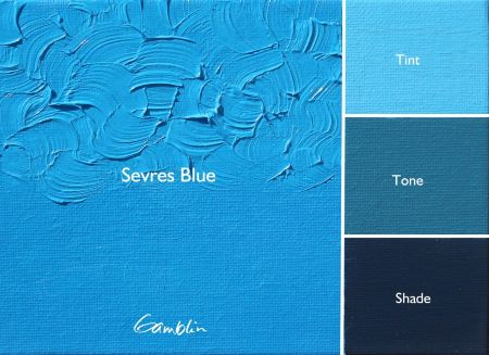 Color swatch of Sevres Blue with tint, tone, and shade variations on a blue background.