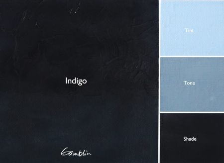 Indigo color swatch with Gamblin logo on a dark background