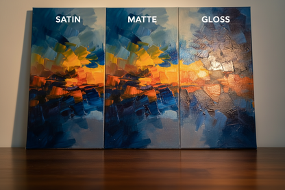 Three panels labeled 'Satin', 'Matte', and 'Gloss' displaying abstract art.