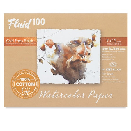 Global Art Fluid 100 Watercolor Paper Block, Cold Press, 9 in x 12 in, 15 Sheets/Block