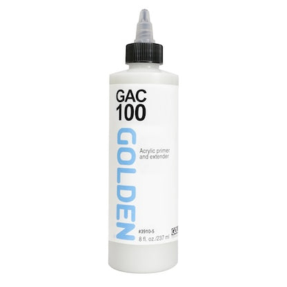 A bottle of Golden GAC-100 acrylic primer and extender in white color with blue and black text, including the product name and the size of 8 oz.
