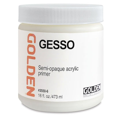 A container of Golden Gesso, which is a semi-opaque acrylic primer, in a 16 oz size.
