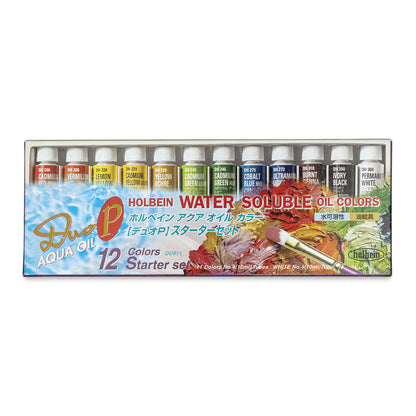 A box of Holbein Duo Aqua Water Soluble Oils featuring 12 colors, with 10 ml tubes of each color displayed on the box.