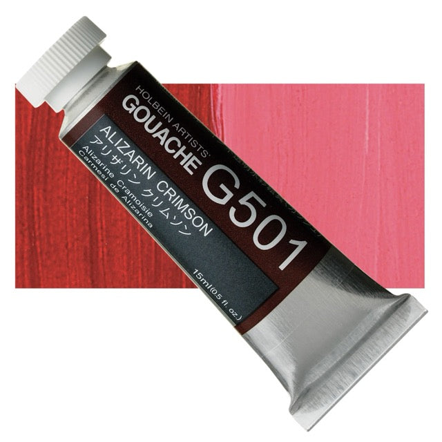 Gouache paint tube labeled 'Alizarin Crimson G501' with a swatch of pink color on a white background.