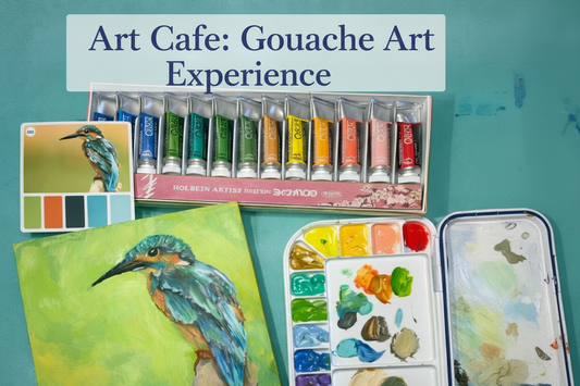 Gouache paint set with a painting of a bird on wood panels and a step-by-step guide title.
