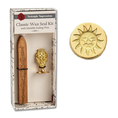 Nostalgic Impressions Classic Wax Seal Kit with a sun-shaped seal and packaging.