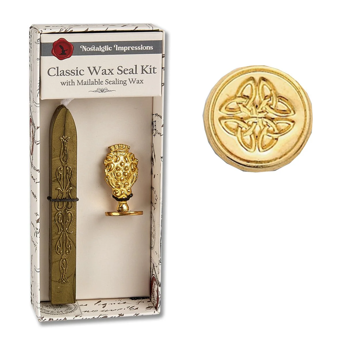 Nostalgic Impressions Classic Wax Seal Kit with a gold wax seal and stamp in packaging.