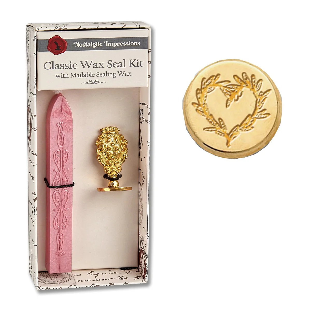 Classic Wax Seal Kit with pink sealing wax stick, gold seal, and decorative box.